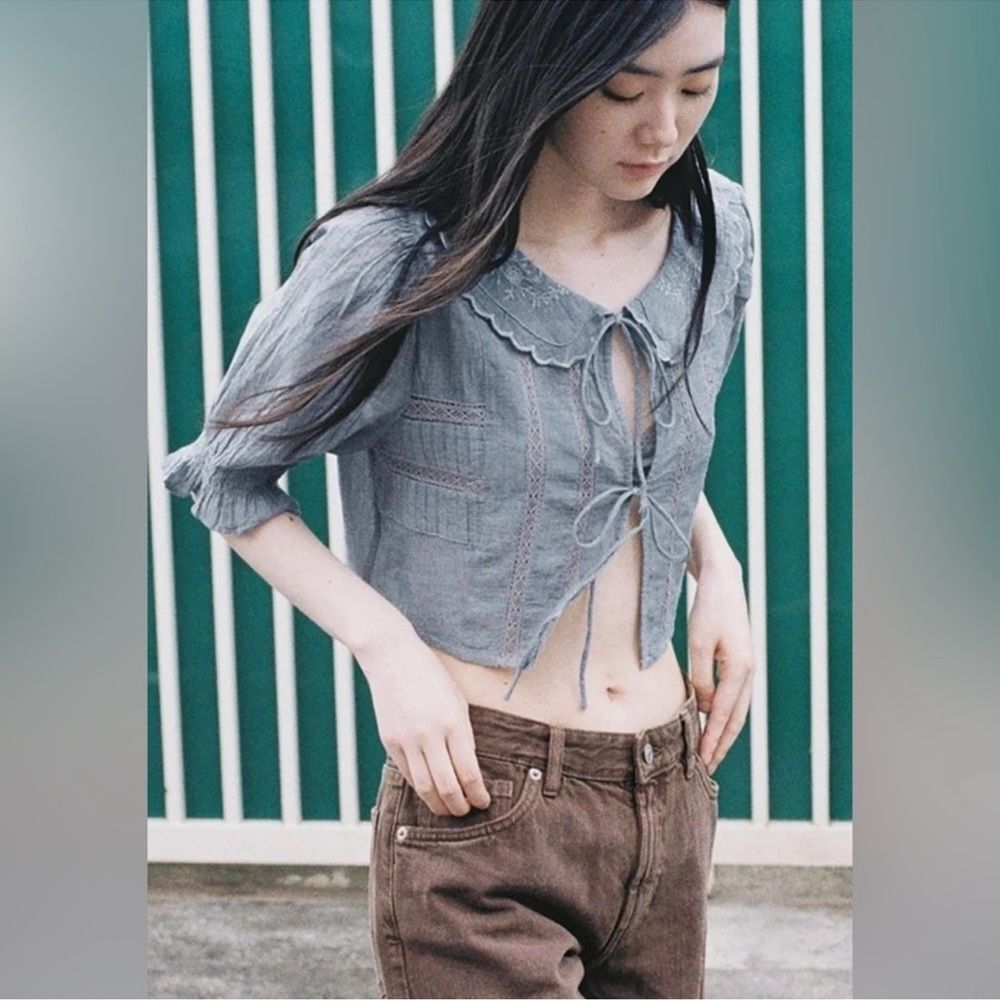ZARA EMBROIDERED CROP SHIRT - Picture 4 of 9
